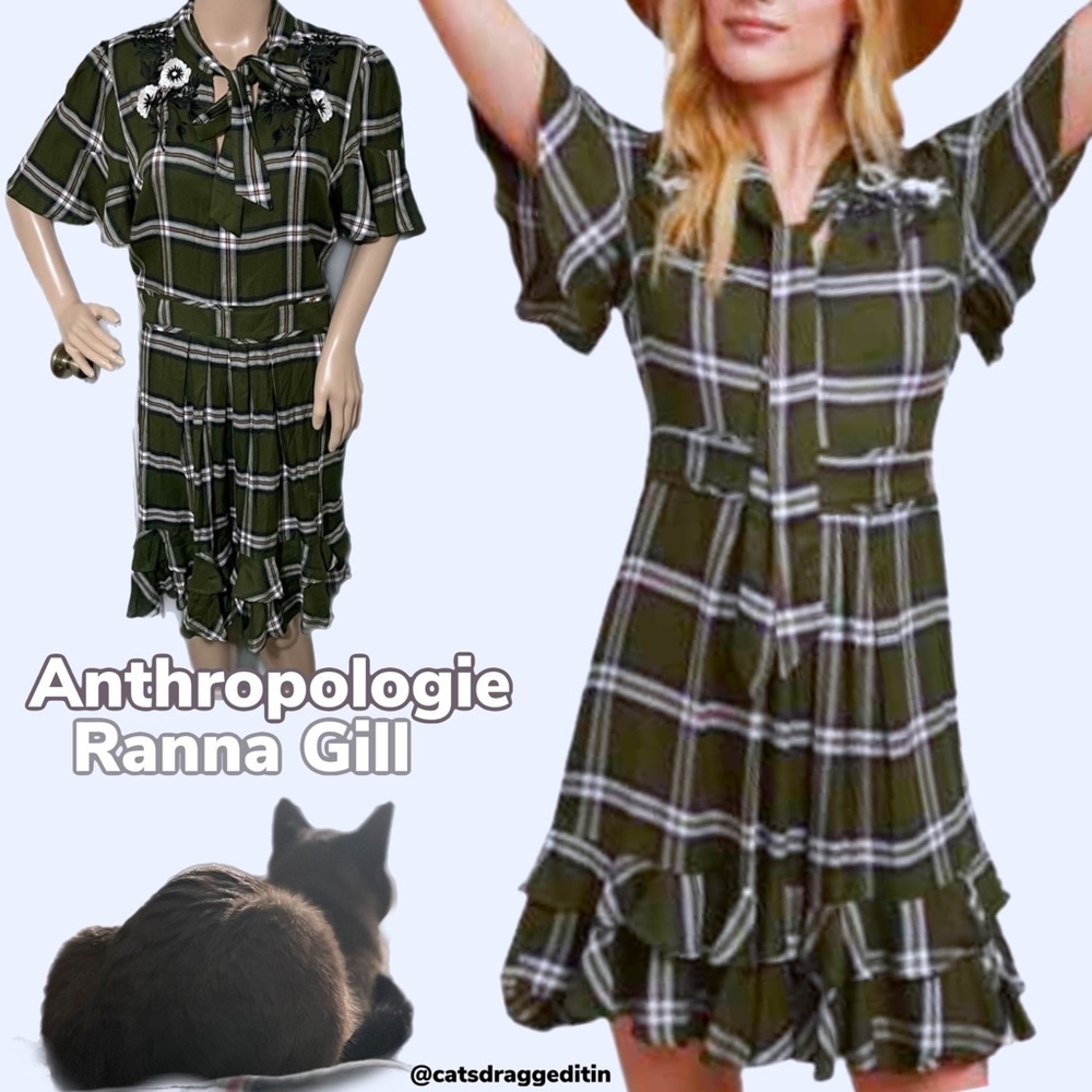 NWT $170 Ranna Gil | Anthropologie | Plaid | Embroidered Dress | Academia